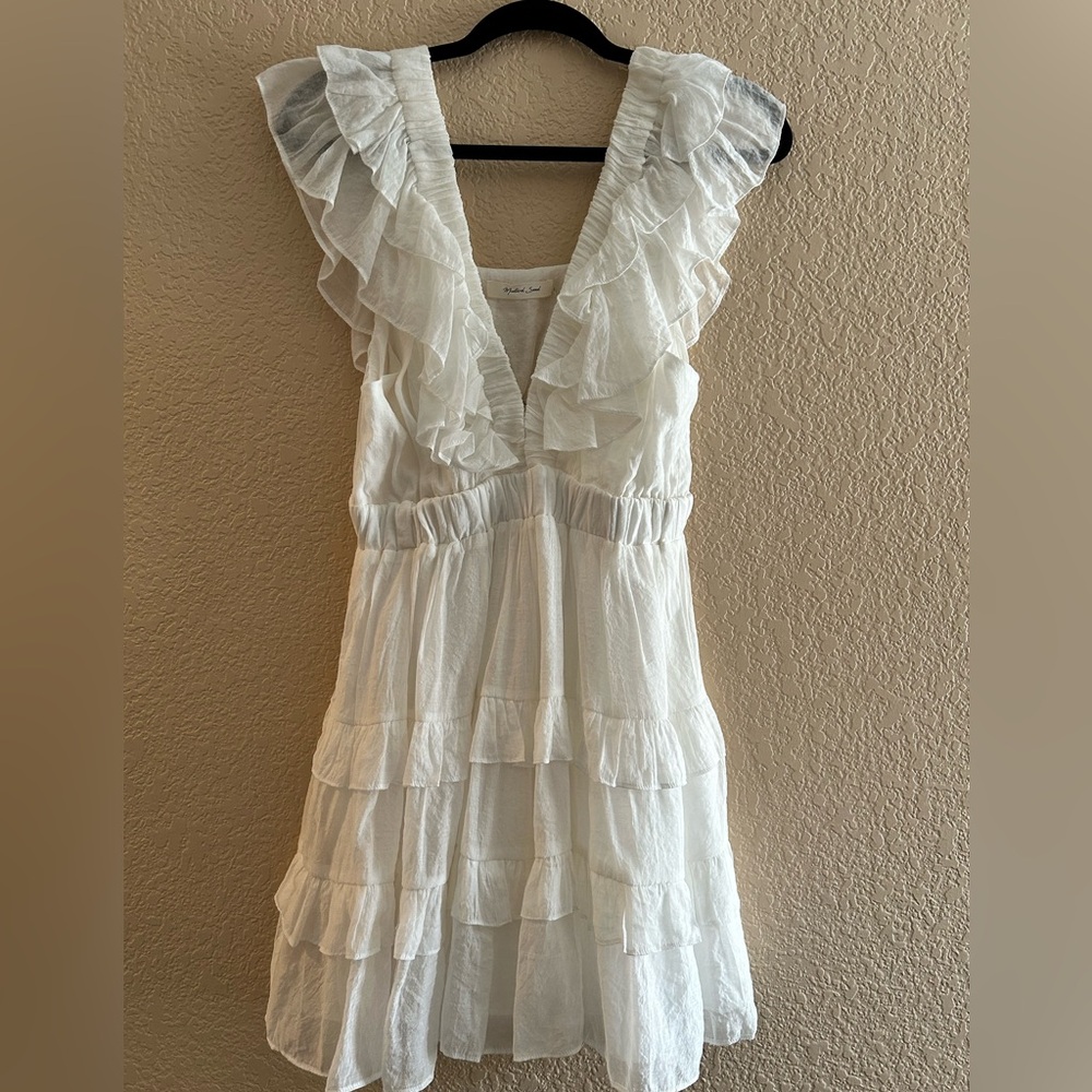 Deep V White Ruffle Gauzy Sun Dress Size L
